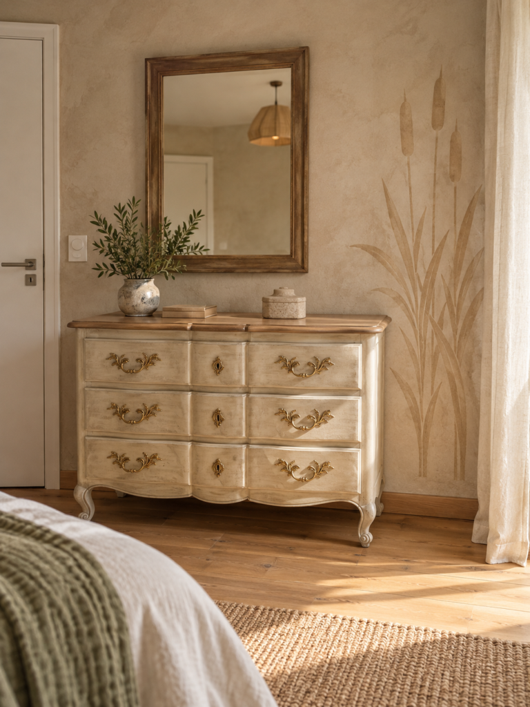 Commode en tombeau patinée beige et marron glacé