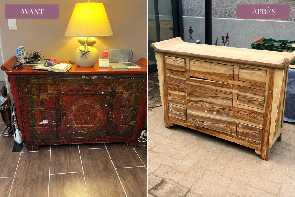 Atelier Ann'Art Factory | Décapage d'un décor abimé sur un buffet chinois traditionnel | Tassin/Lyon