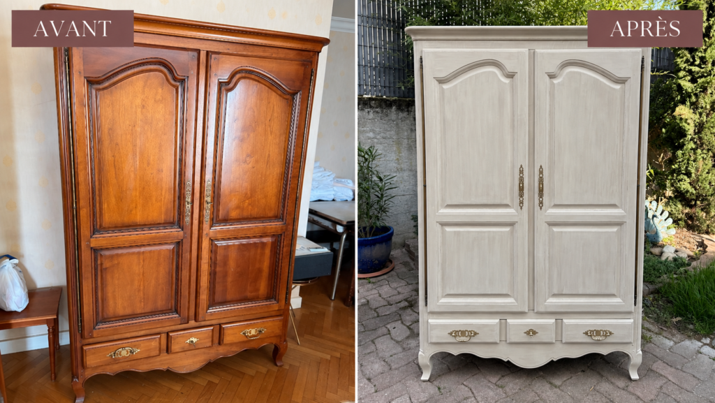 Atelier Ann'Art Factory | Relooking d'une armoire de famille en merisier vernis avant après | Tassin/Lyon