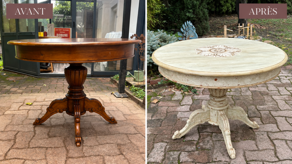 Atelier Ann'Art Factory | Relooking d'une table à manger en merisier vernis avant après avec patine XVIII° siècle | Tassin/Lyon