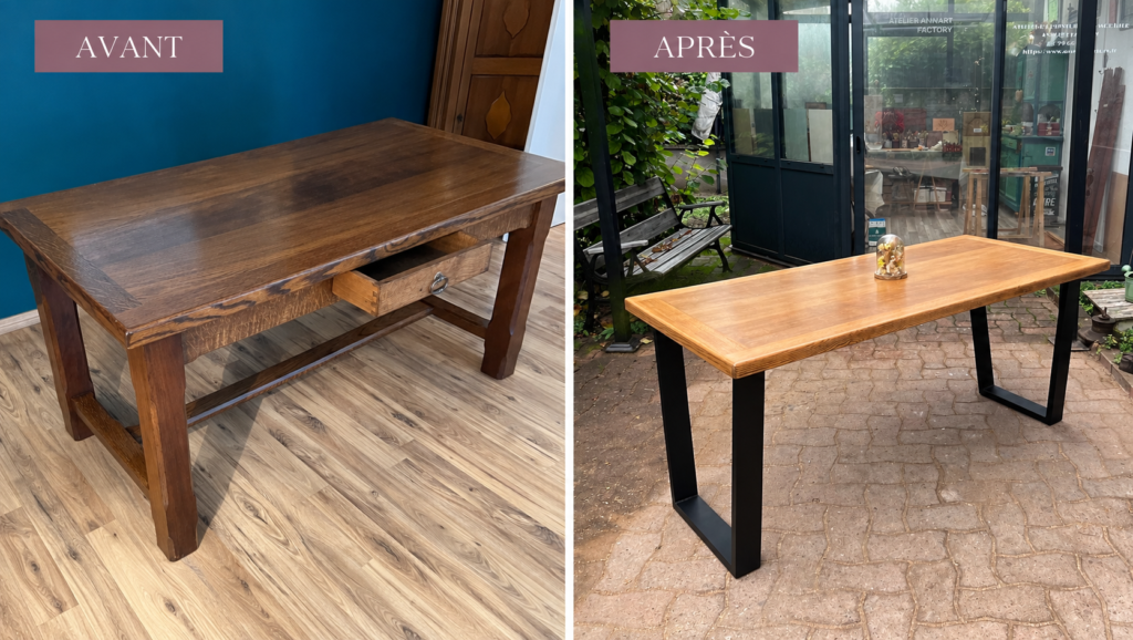 Atelier Ann'Art Factory | Relooking et transformation d'une table rustique en table contemporaine bois brut et pieds métal noir | Tassin/Lyon